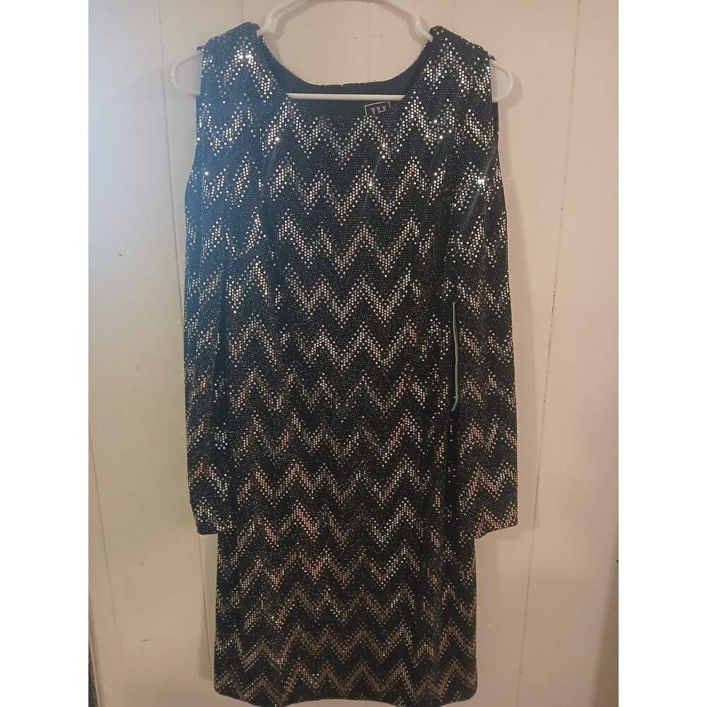 JH Evenings Black/Silver Sequin Cocktail Dress Size 8  Shimmer Cold Shoulder New